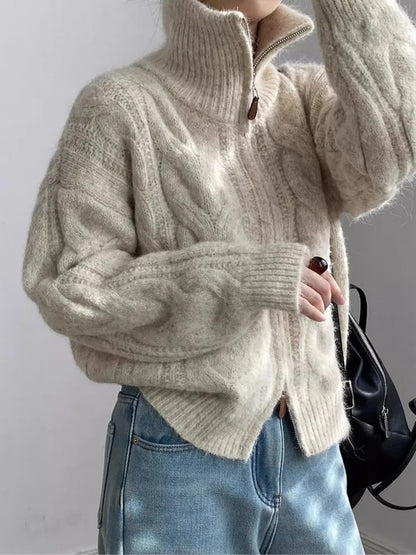 Kalea Cable Knit Zip Sweater - Beige