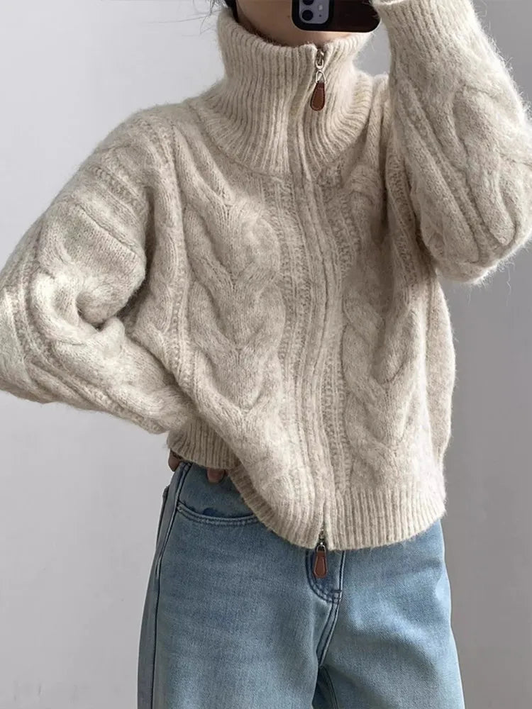 Kalea Cable Knit Zip Sweater - Beige