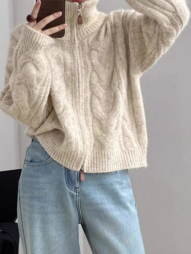 Kalea Cable Knit Zip Sweater - Beige