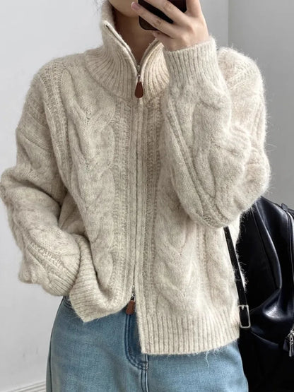 Kalea Cable Knit Zip Sweater - Beige