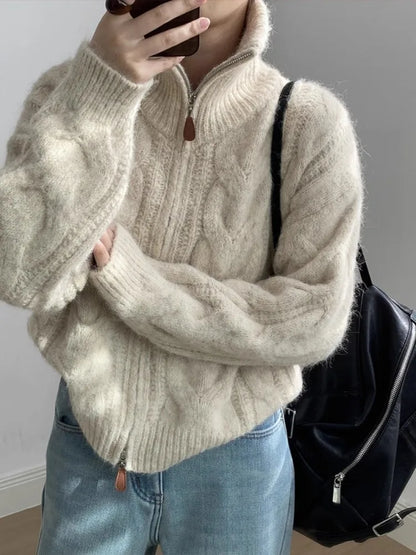 Kalea Cable Knit Zip Sweater - Beige