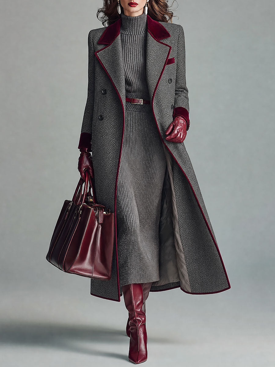 Kamila Herringbone Velvet Trim Coat - Gray