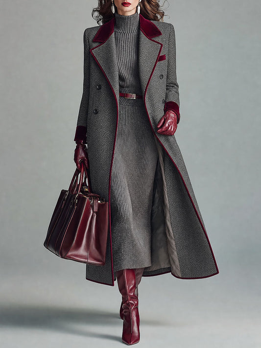 Kamila Herringbone Velvet Trim Coat - Gray