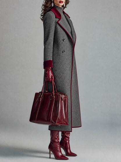 Kamila Herringbone Velvet Trim Coat - Gray