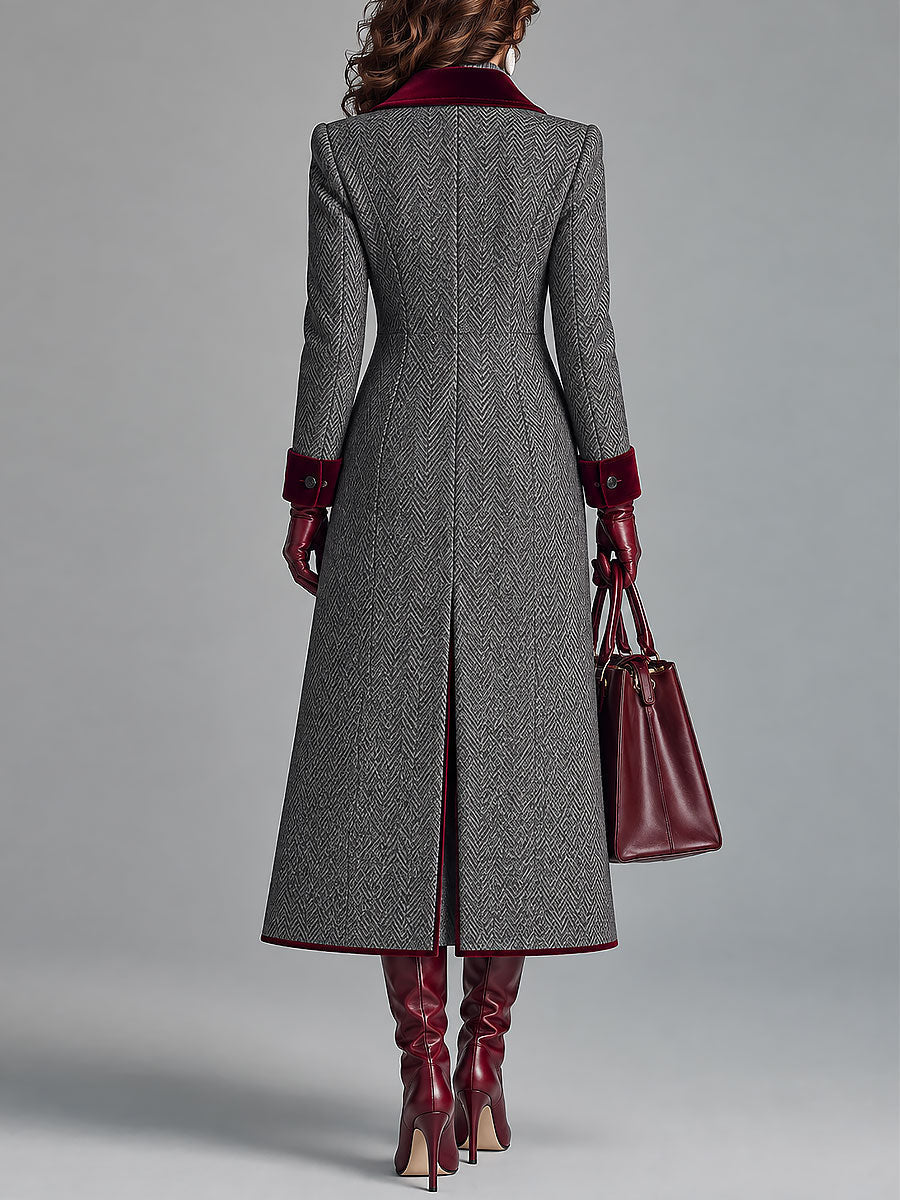 Kamila Herringbone Velvet Trim Coat - Gray