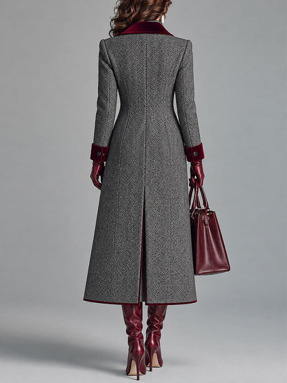 Kamila Herringbone Velvet Trim Coat - Gray