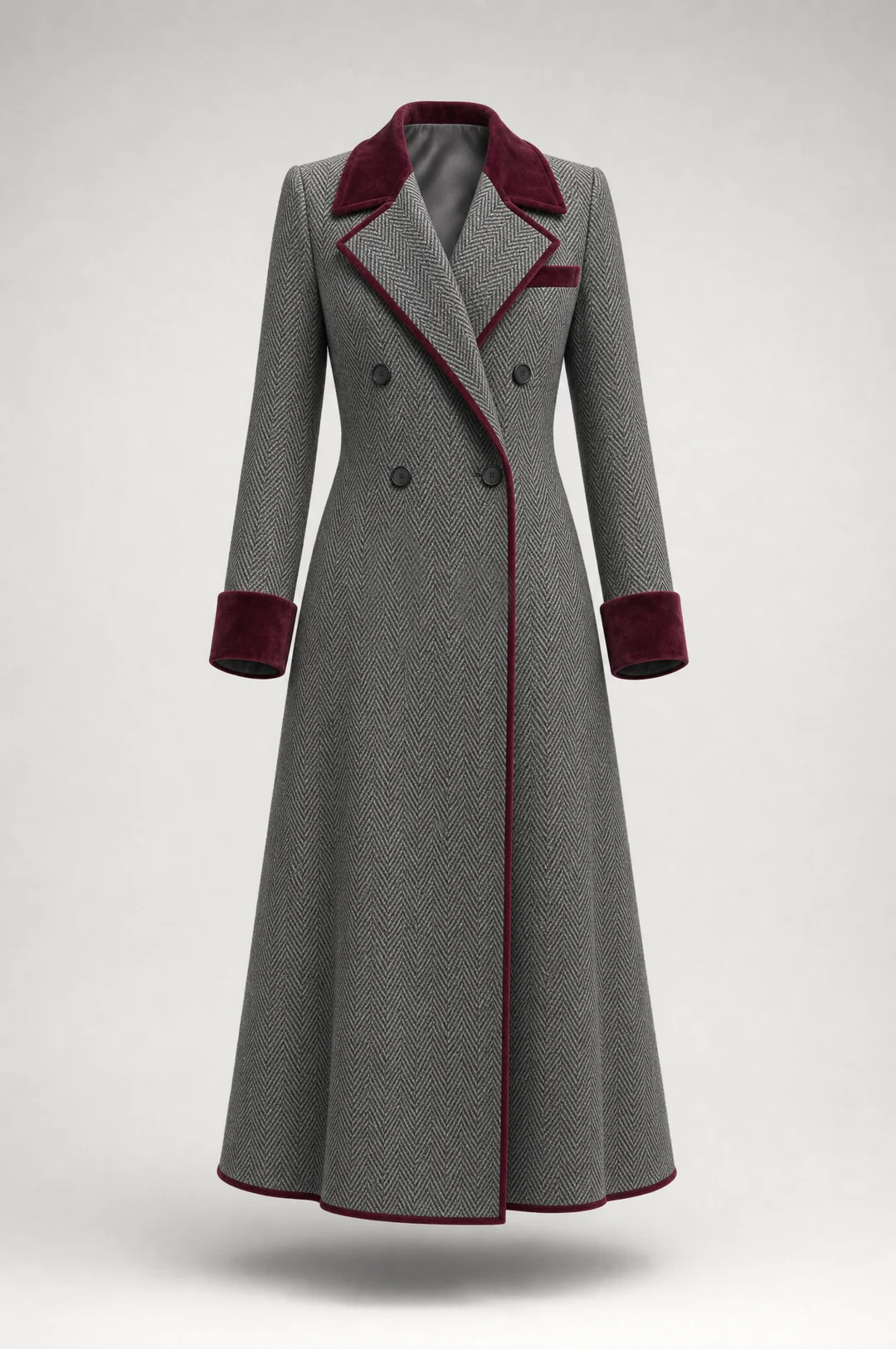 Kamila Herringbone Velvet Trim Coat - Gray