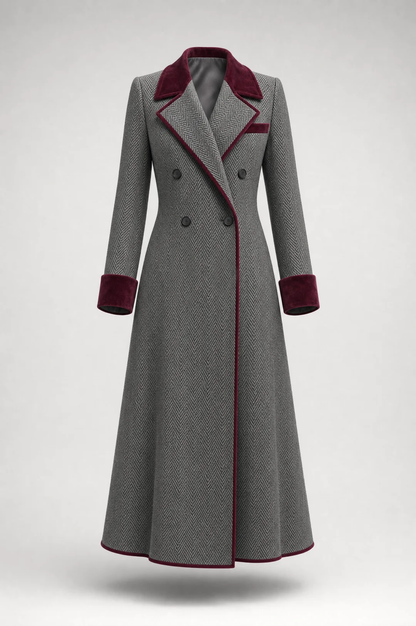 Kamila Herringbone Velvet Trim Coat - Gray
