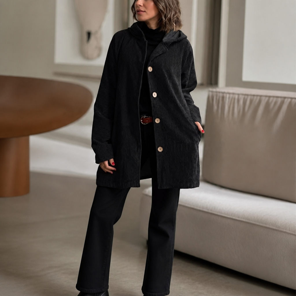 Kamryn Ribbed Corduroy Hooded Overshirt - Black