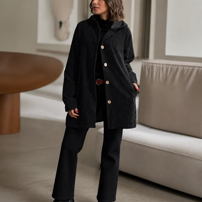Kamryn Ribbed Corduroy Hooded Overshirt - Black