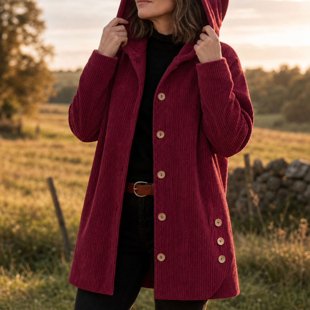 Kamryn Ribbed Corduroy Hooded Overshirt - Bordeaux