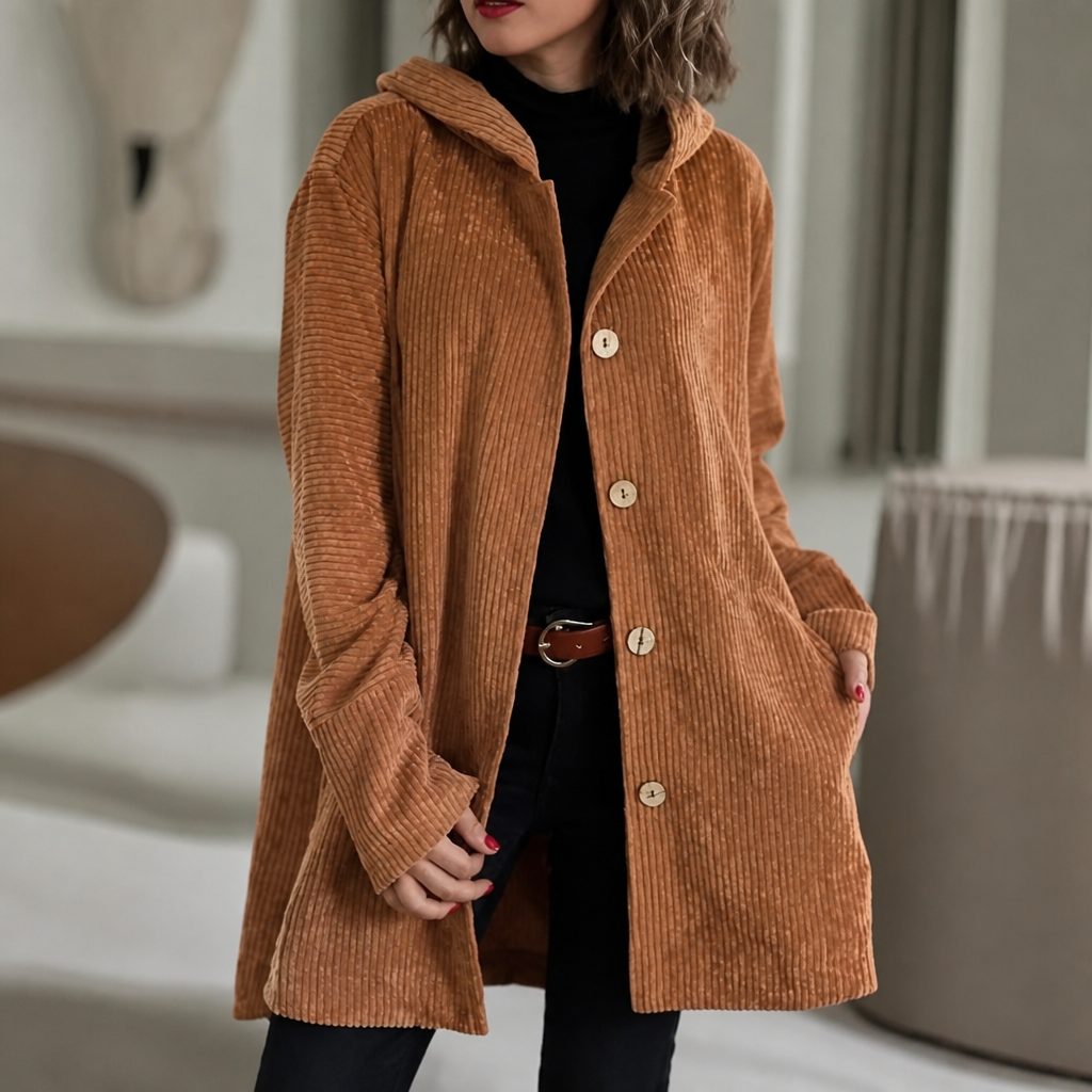 Kamryn Ribbed Corduroy Hooded Overshirt - Light Brown