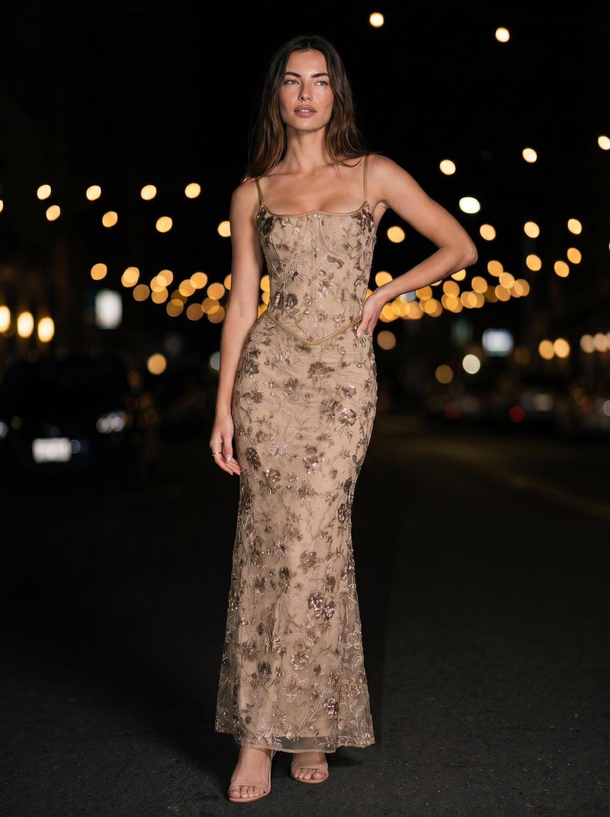Karenza Embellished Floral Tulle Maxi Dress - Champagne Floral