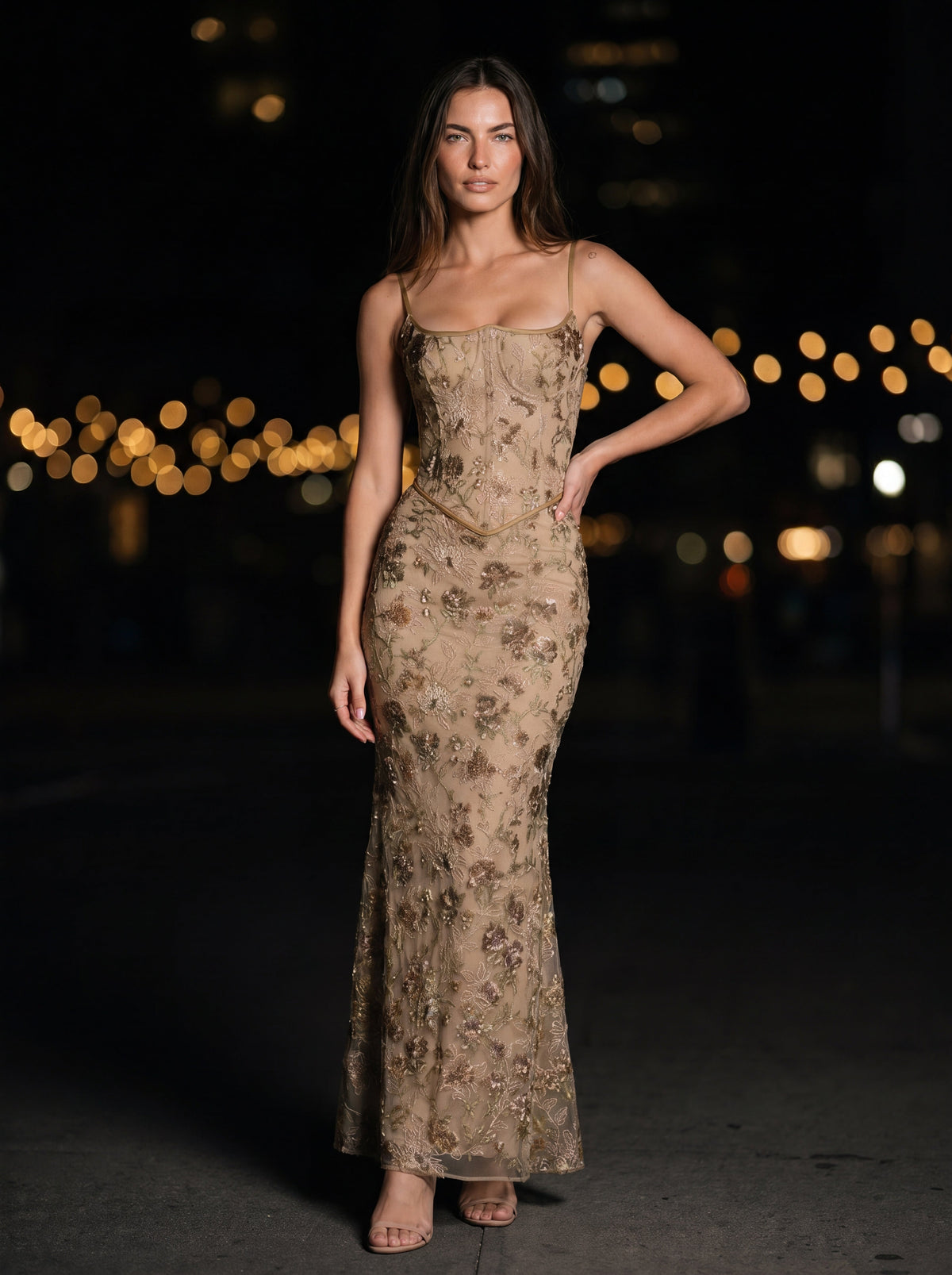 Karenza Embellished Floral Tulle Maxi Dress - Champagne Floral