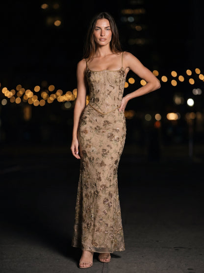 Karenza Embellished Floral Tulle Maxi Dress - Champagne Floral