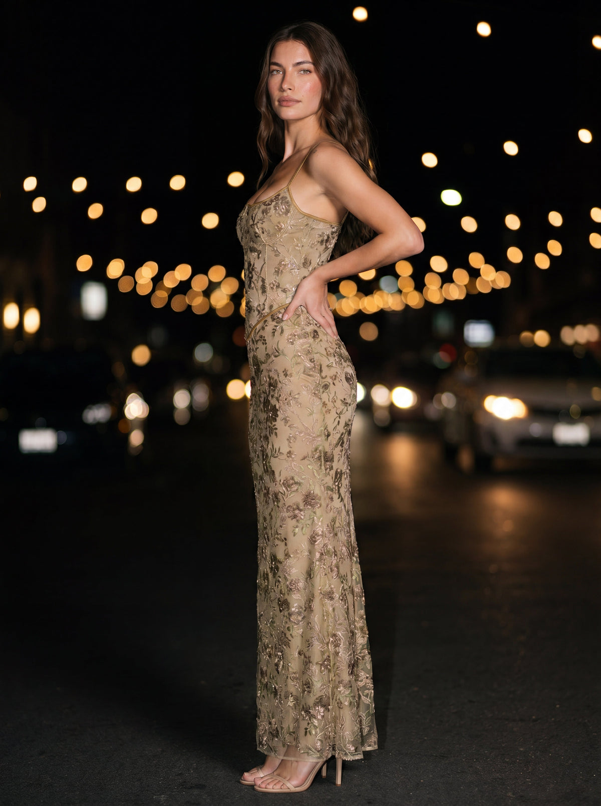 Karenza Embellished Floral Tulle Maxi Dress - Champagne Floral