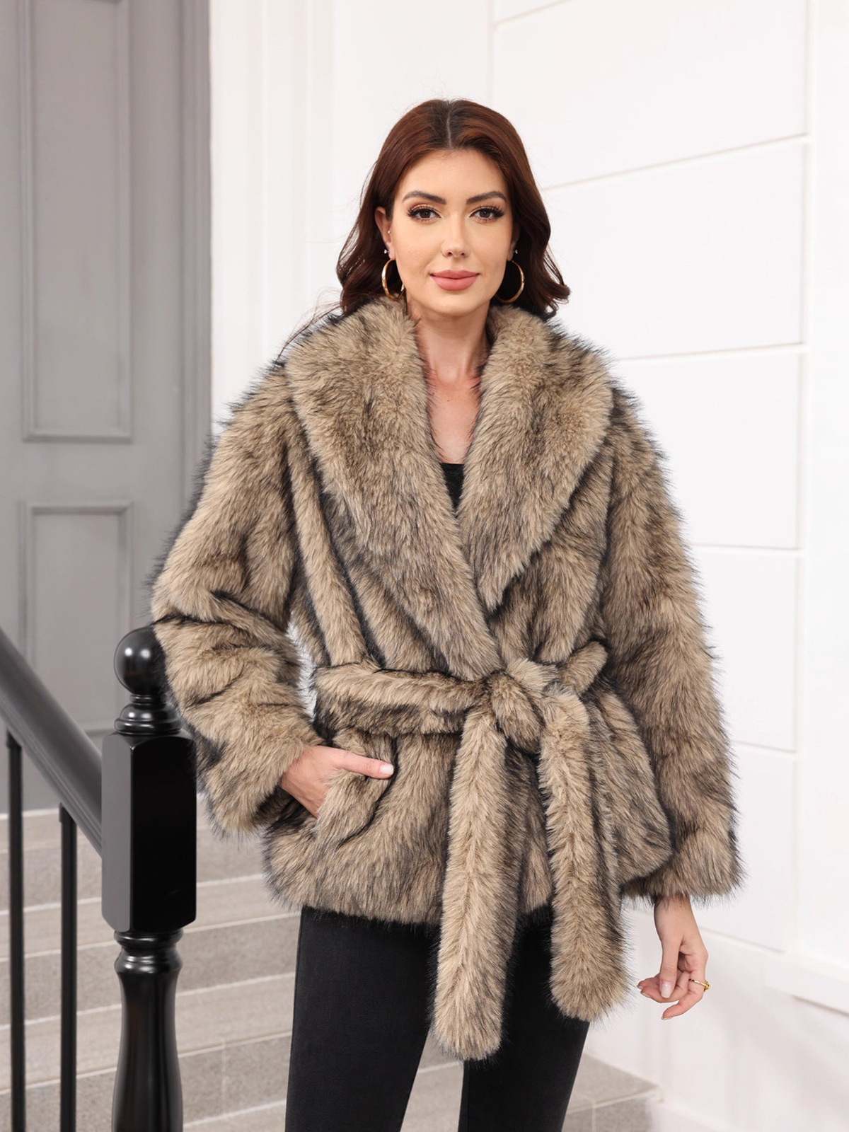 Karis Shawl Collar Faux Fur Jacket - Apricot