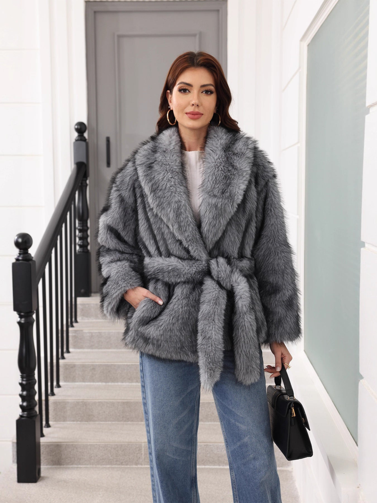 Karis Shawl Collar Faux Fur Jacket - Gray