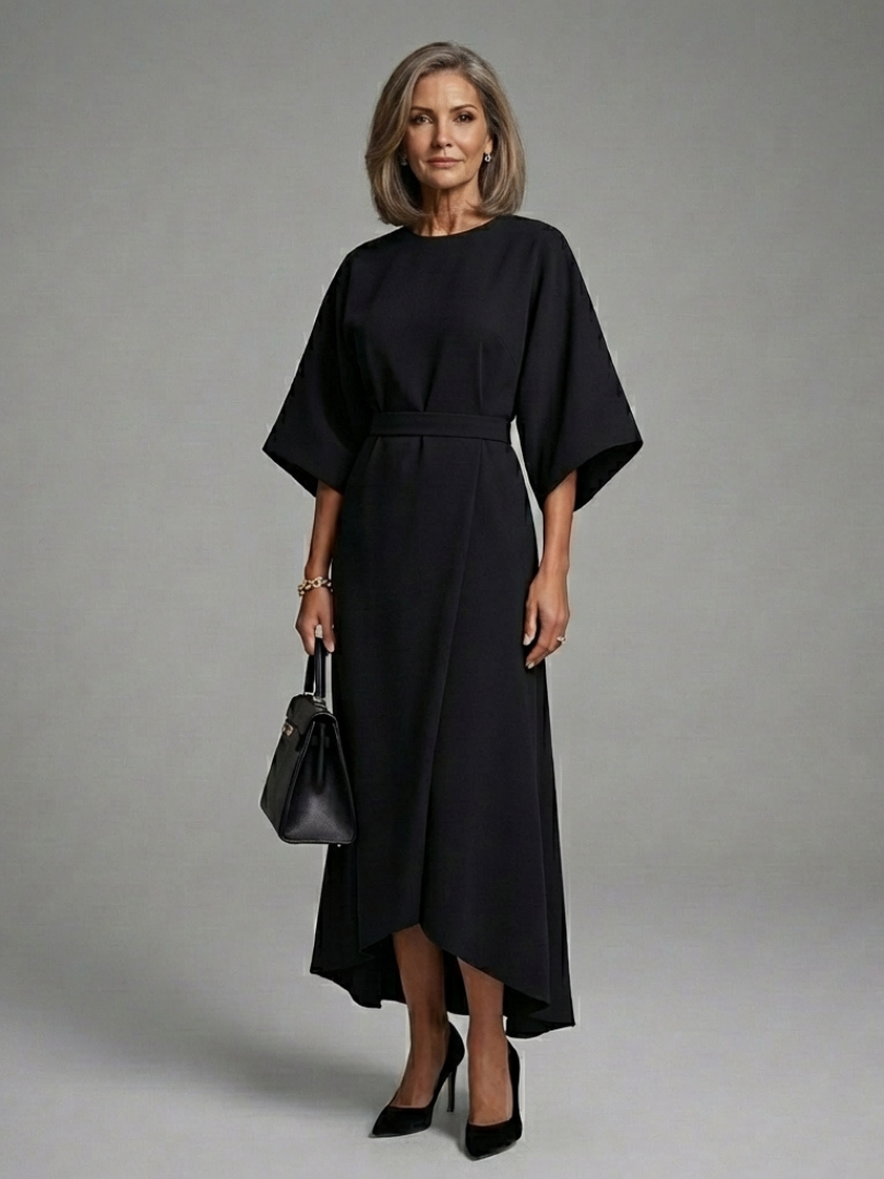 Karolina Belted Asymmetric Hem Midi Dress - Black