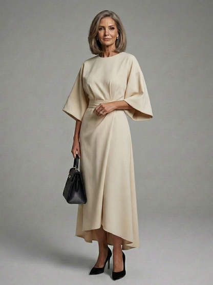 Karolina Belted Asymmetric Hem Midi Dress - Ivory