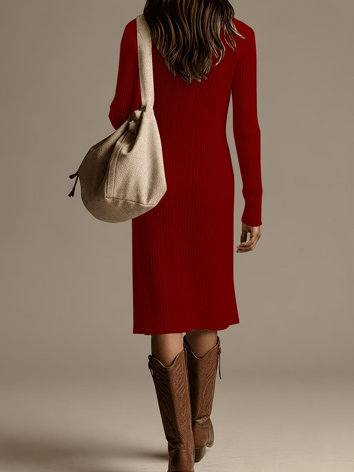 Karsyn Ribbed Knit High Neck Midi Dress - Red