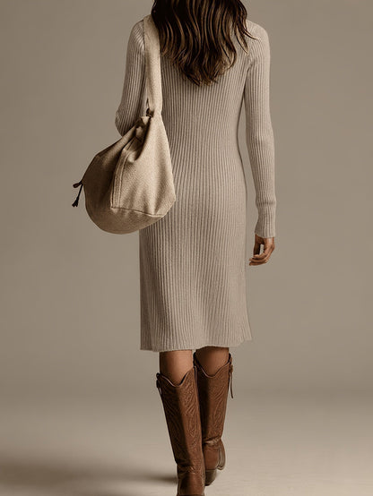 Karsyn Ribbed Knit High Neck Midi Dress - Taupe