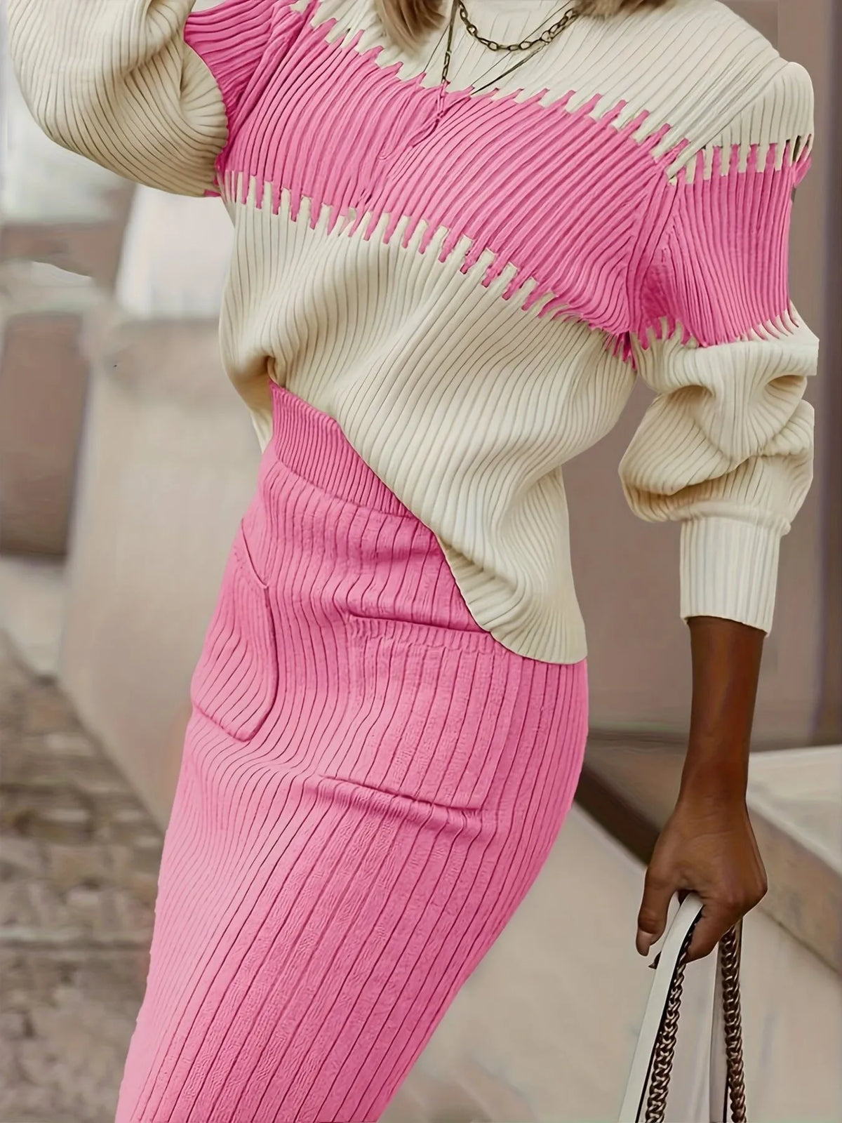Karys Two-Tone Ribbed Knit Set - Pink