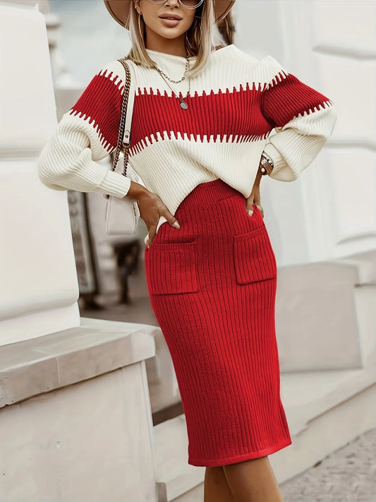 Karys Two-Tone Ribbed Knit Set - Red