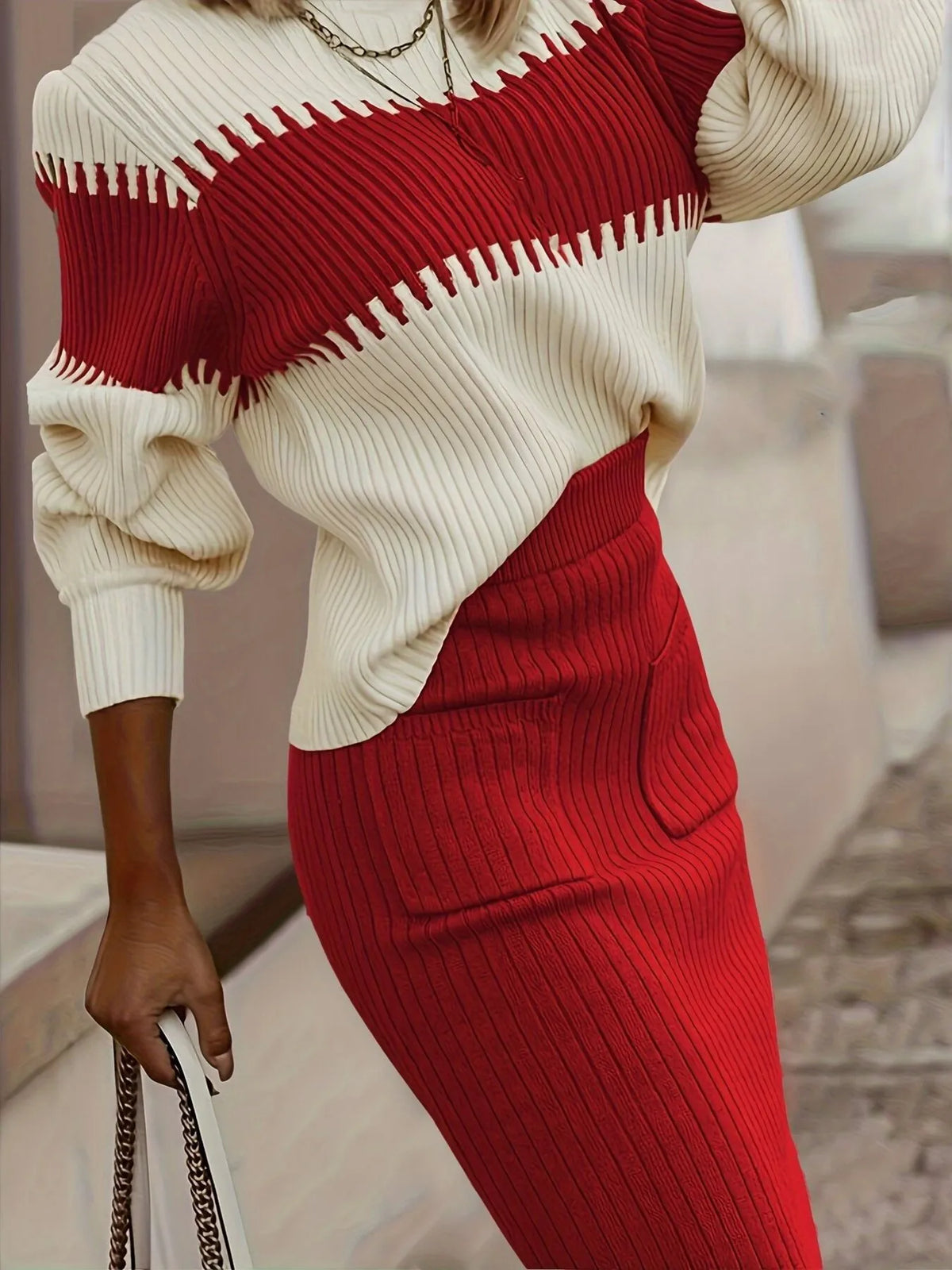 Karys Two-Tone Ribbed Knit Set - Red