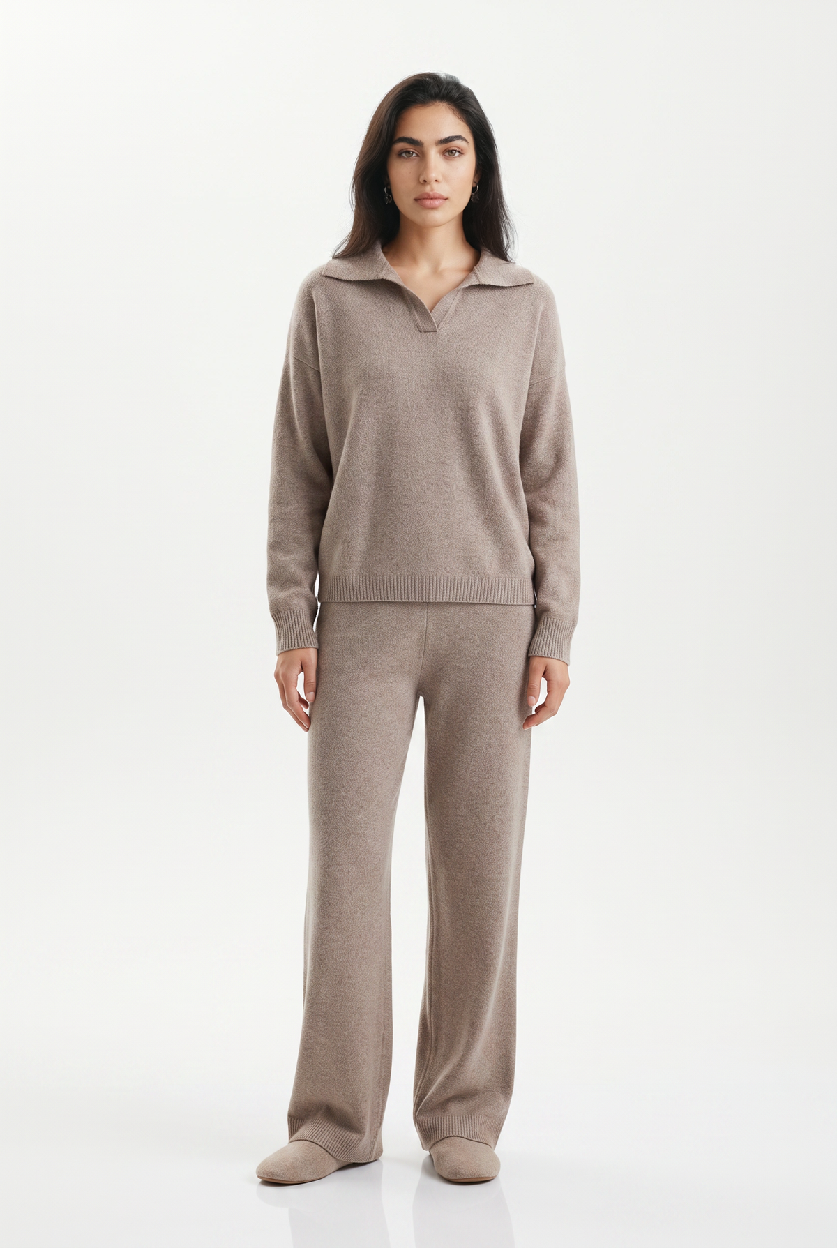Kassian Polo Collar Wide Leg Trouser Set - Beige