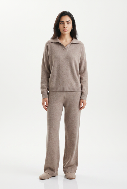 Kassian Polo Collar Wide Leg Trouser Set - Beige