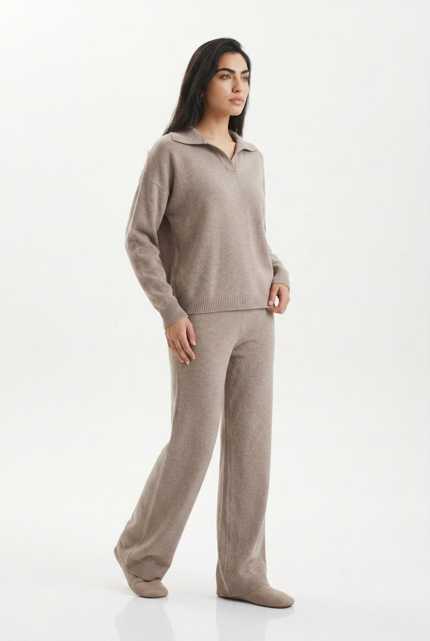 Kassian Polo Collar Wide Leg Trouser Set - Beige