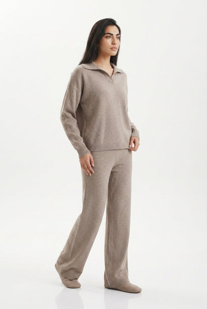 Kassian Polo Collar Wide Leg Trouser Set - Beige