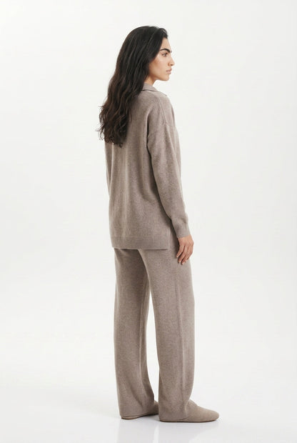 Kassian Polo Collar Wide Leg Trouser Set - Beige