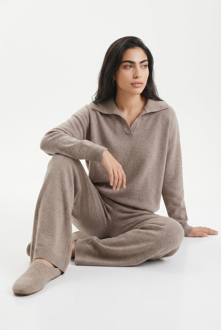 Kassian Polo Collar Wide Leg Trouser Set - Beige