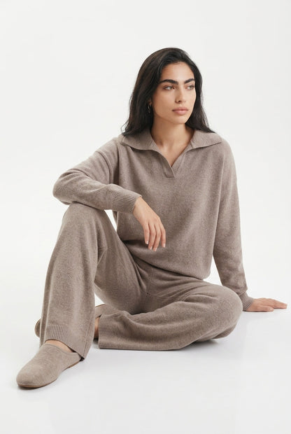 Kassian Polo Collar Wide Leg Trouser Set - Beige
