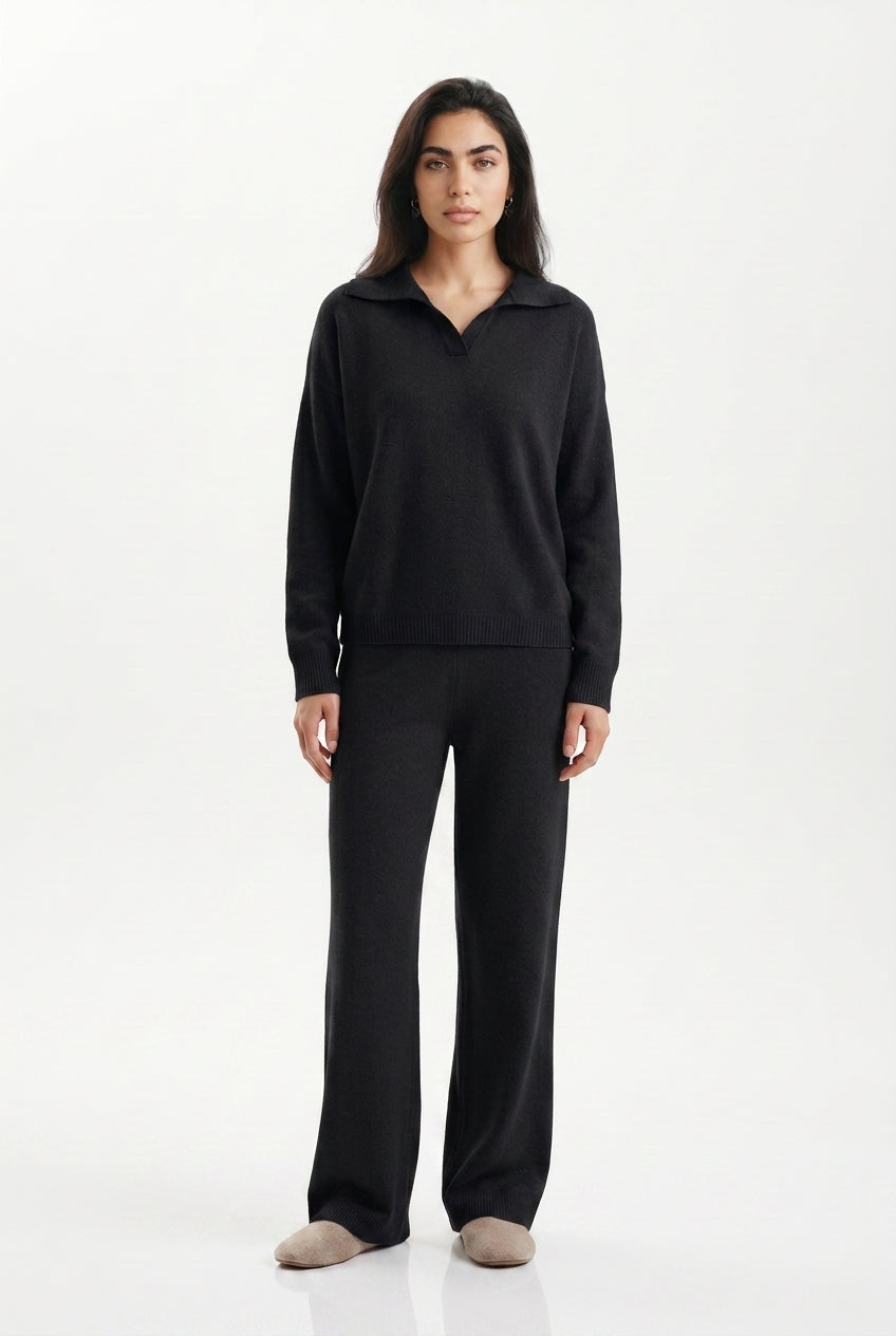 Kassian Polo Collar Wide Leg Trouser Set - Black