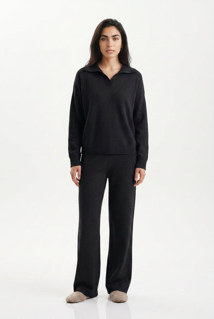 Kassian Polo Collar Wide Leg Trouser Set - Black