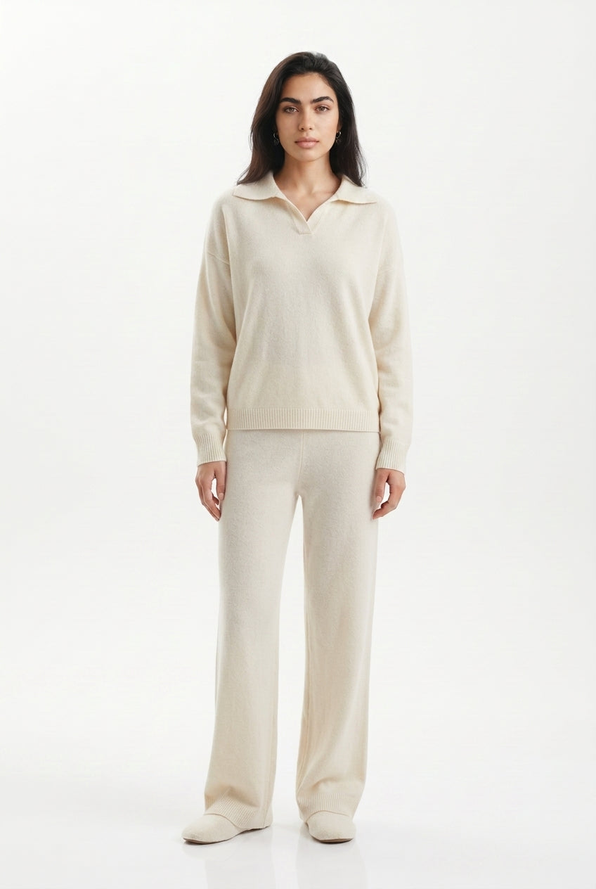 Kassian Polo Collar Wide Leg Trouser Set - Cream