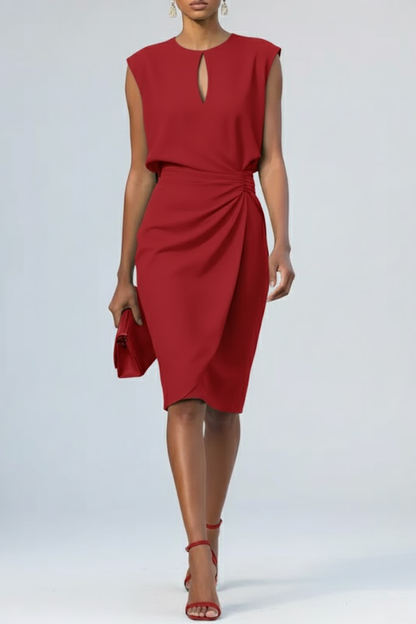 Red sleeveless midi dress with keyhole front and ruched waist gathering