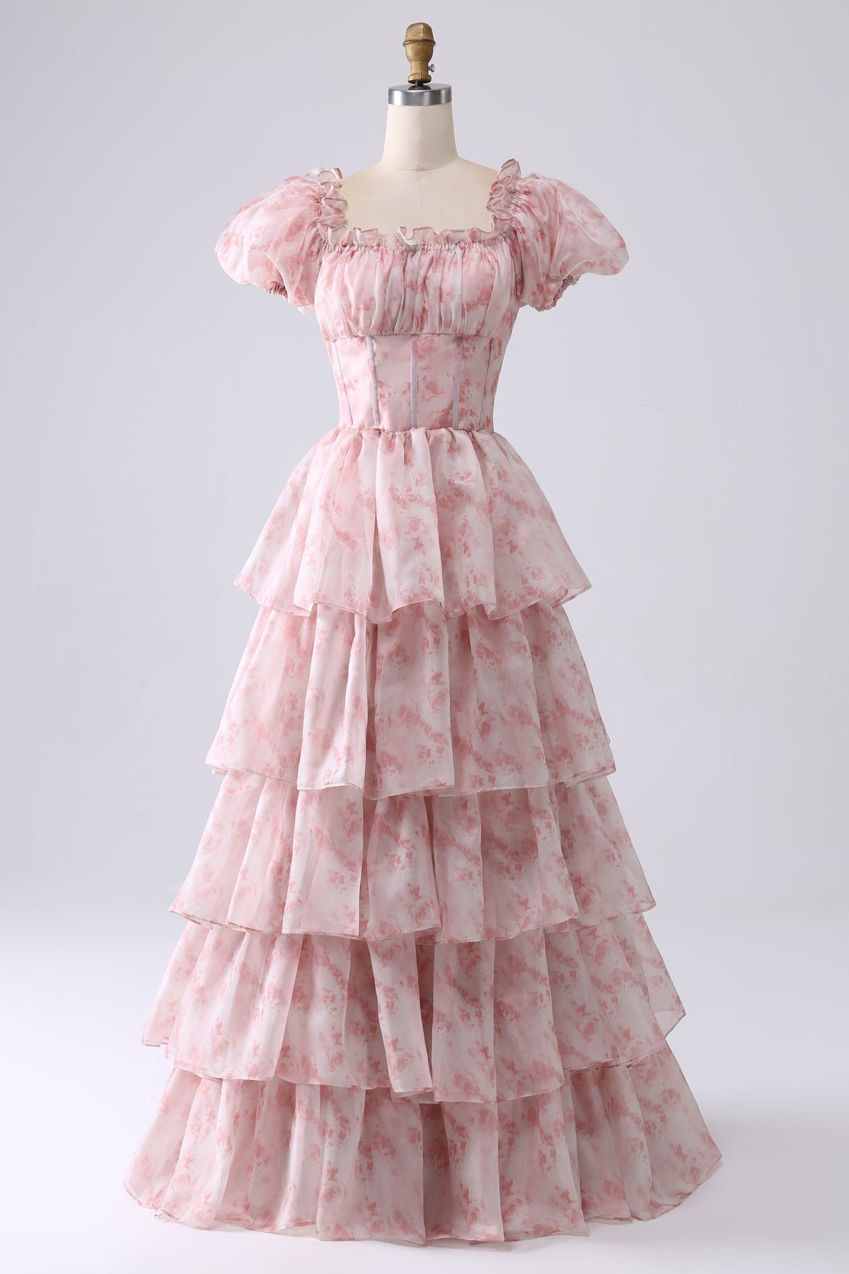 Kateri Square Neck Tiered Ruffle Maxi Dress - Blush Pink Floral