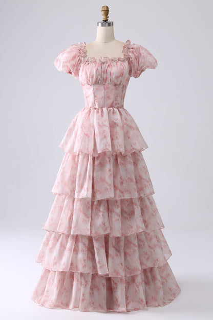 Kateri Square Neck Tiered Ruffle Maxi Dress - Blush Pink Floral