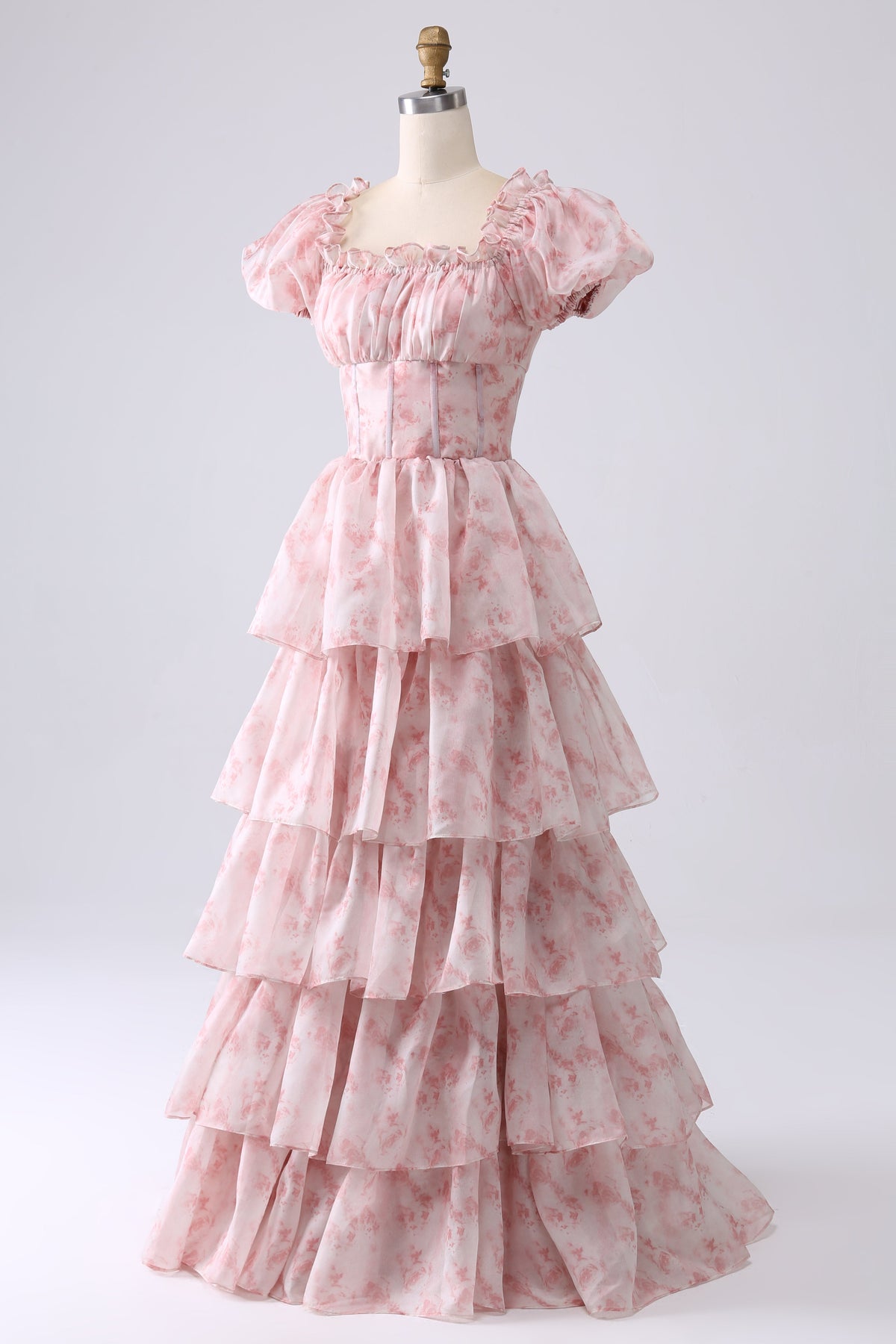 Kateri Square Neck Tiered Ruffle Maxi Dress - Blush Pink Floral
