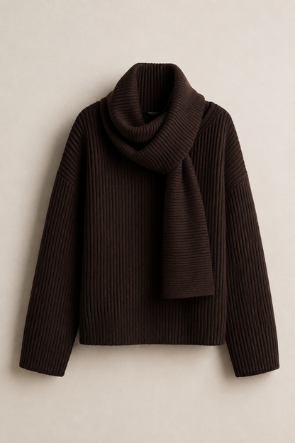 Katia Cowl Neck Ribbed Sweater - Chocolate Brown