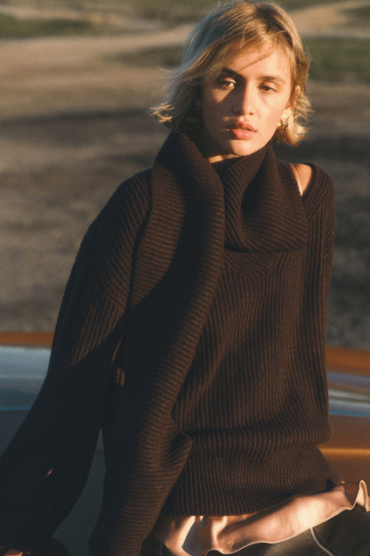 Katia Cowl Neck Ribbed Sweater - Chocolate Brown