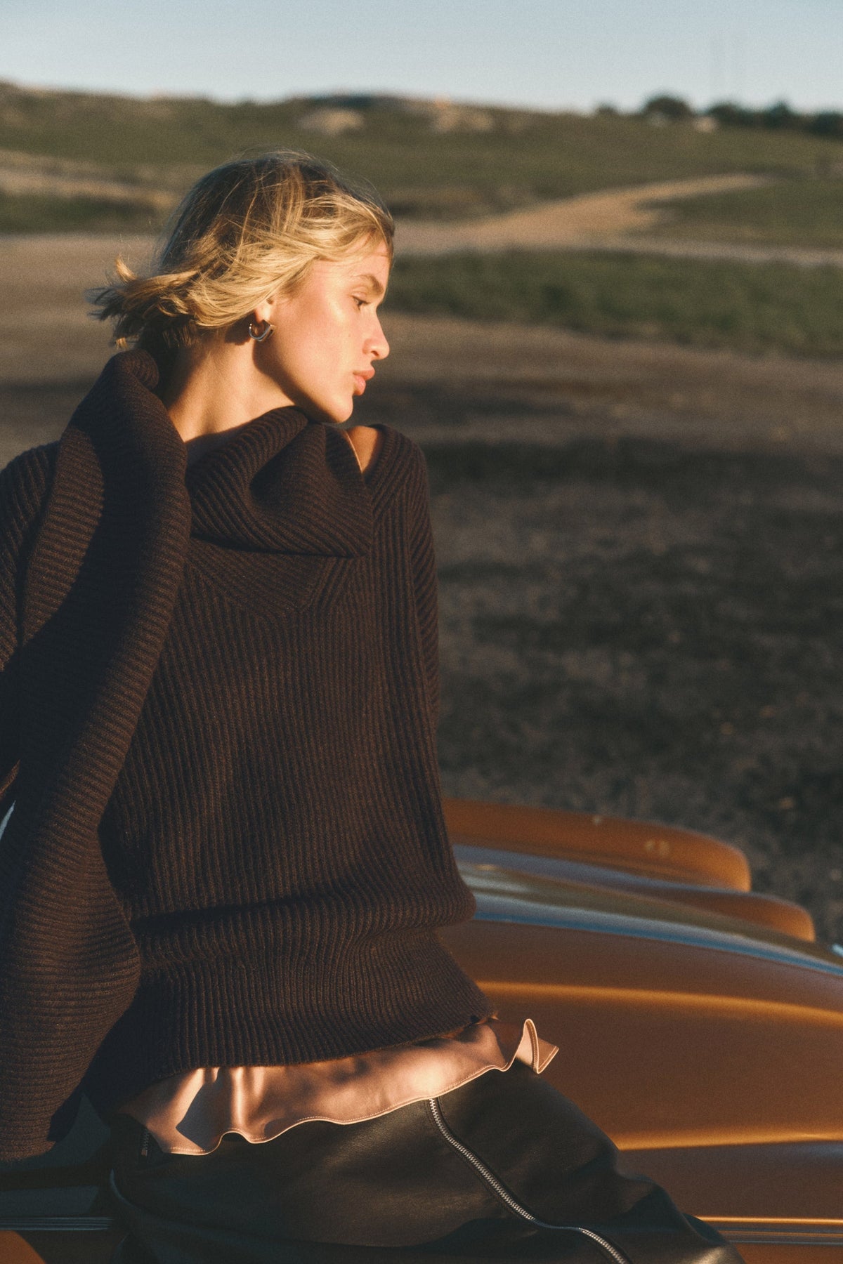 Katia Cowl Neck Ribbed Sweater - Chocolate Brown