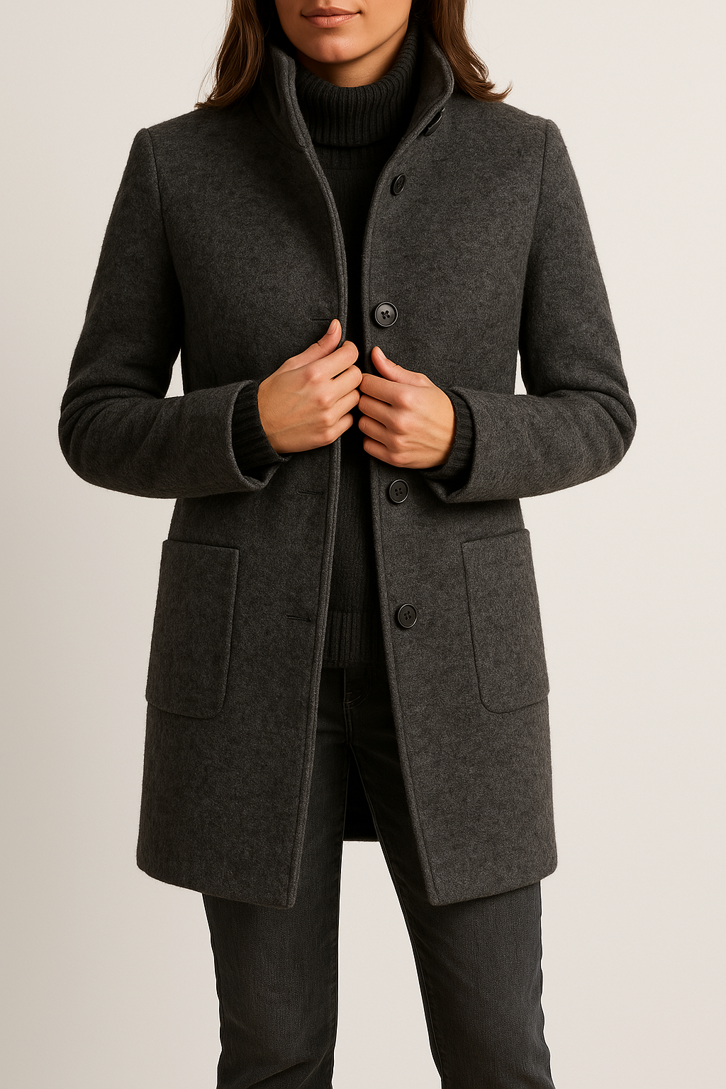 Kaylani Stand Collar Wool Blend Coat - Black