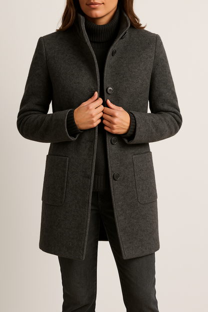 Kaylani Stand Collar Wool Blend Coat - Black