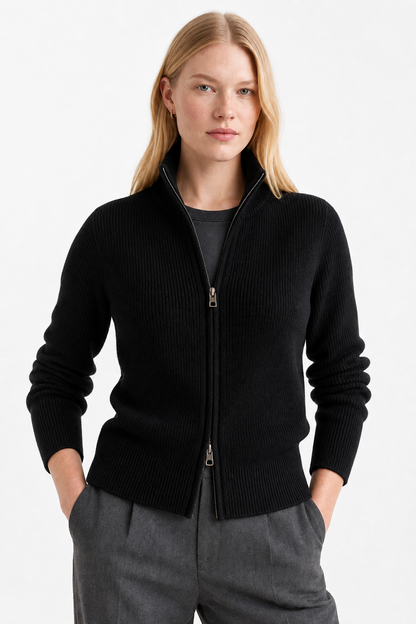 Kaylee Ribbed Knit Double Zip Cardigan - Black