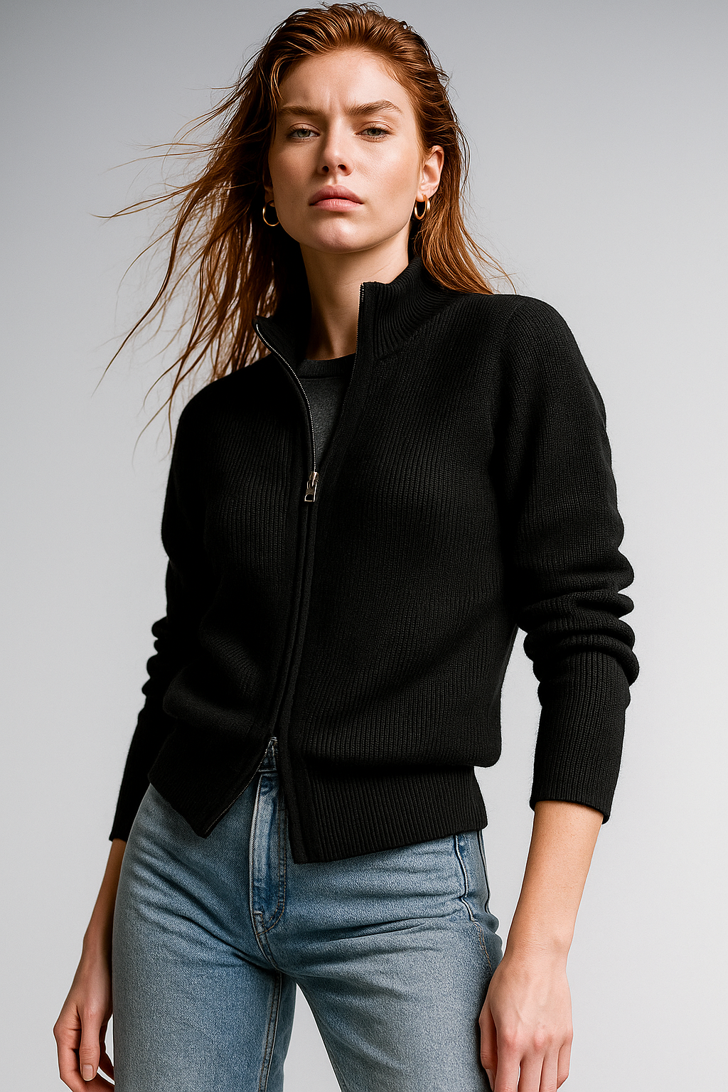 Kaylee Ribbed Knit Double Zip Cardigan - Black